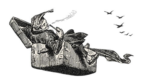 Ilustração vintage de um bufão sentado dentro de um baú, fumando cachimbo com pássaros ao fundo